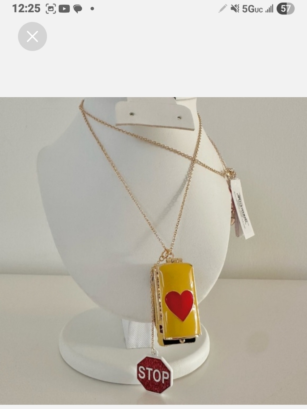 ✨️NWT Betsey Johnson Gold School Bus  Necklace with Red Stop Sign / Enamel Heart
